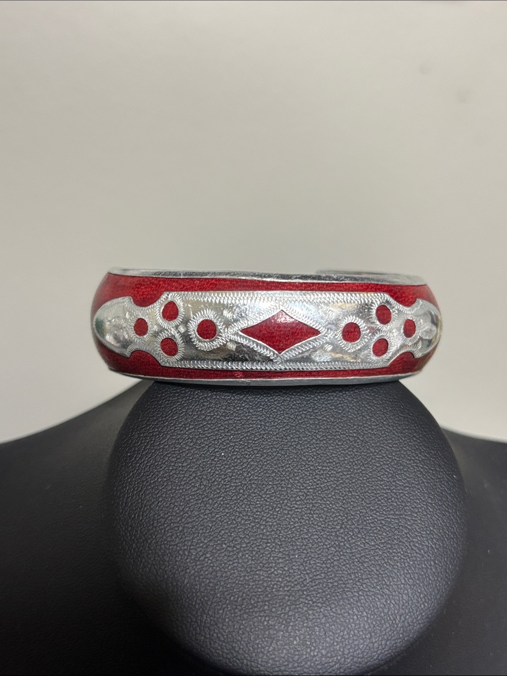 Handcrafted Red Leather Silver Tone Bangle Cuff Bracelet - Women Jewelry